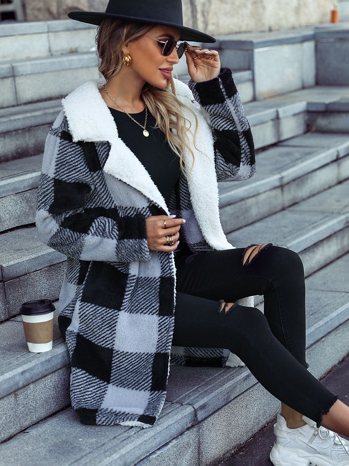 Plaid Open Front Coat with Pockets-Angel Casuals