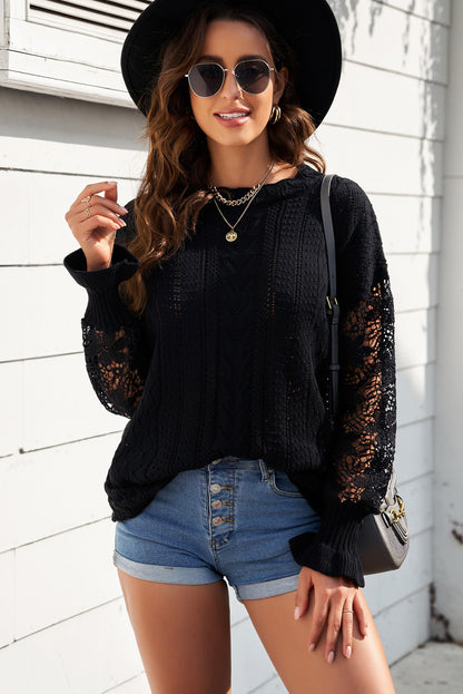 Openwork Lantern Sleeve Dropped Shoulder Sweater-Angel Casuals