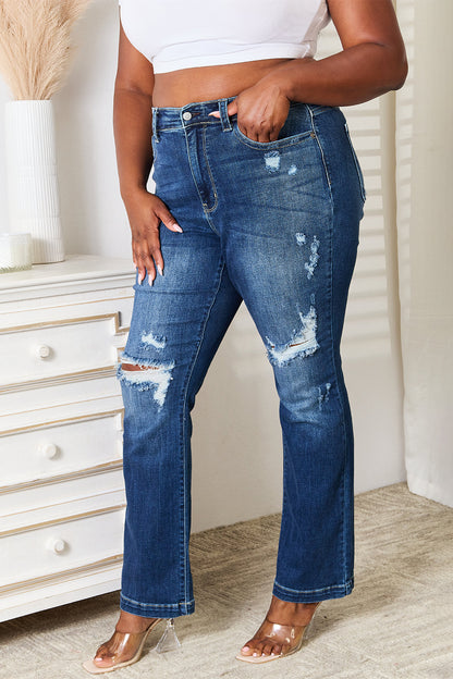 Judy Blue Full Size Mid Rise Hand Sand & Destroy Bootcut Jeans-Angel Casuals