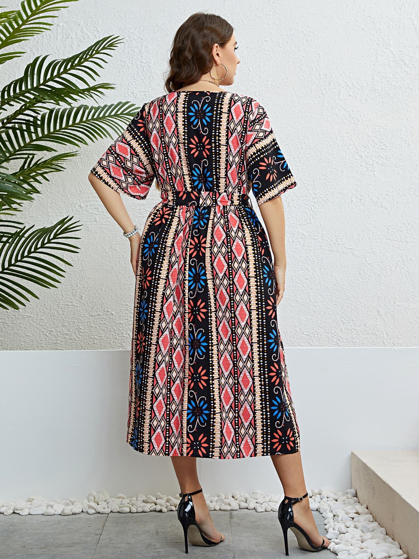 Plus Size Bohemian V-Neck Tie Belt Midi Dress-Angel Casuals