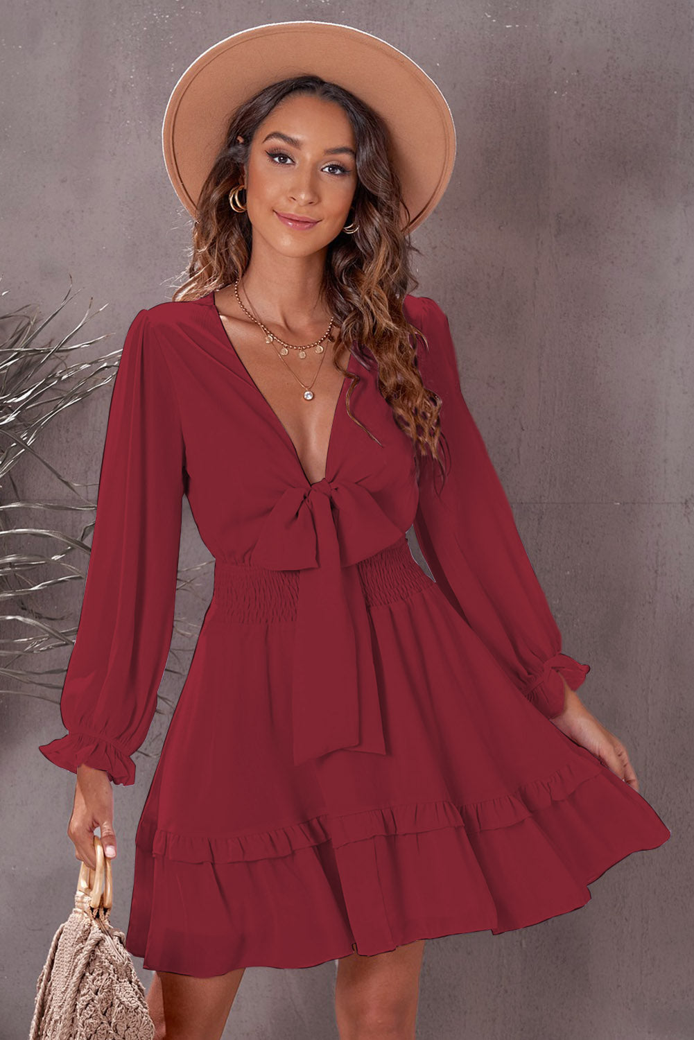 Tied Plunge Smocked Waist Flounce Sleeve Dress-Angel Casuals