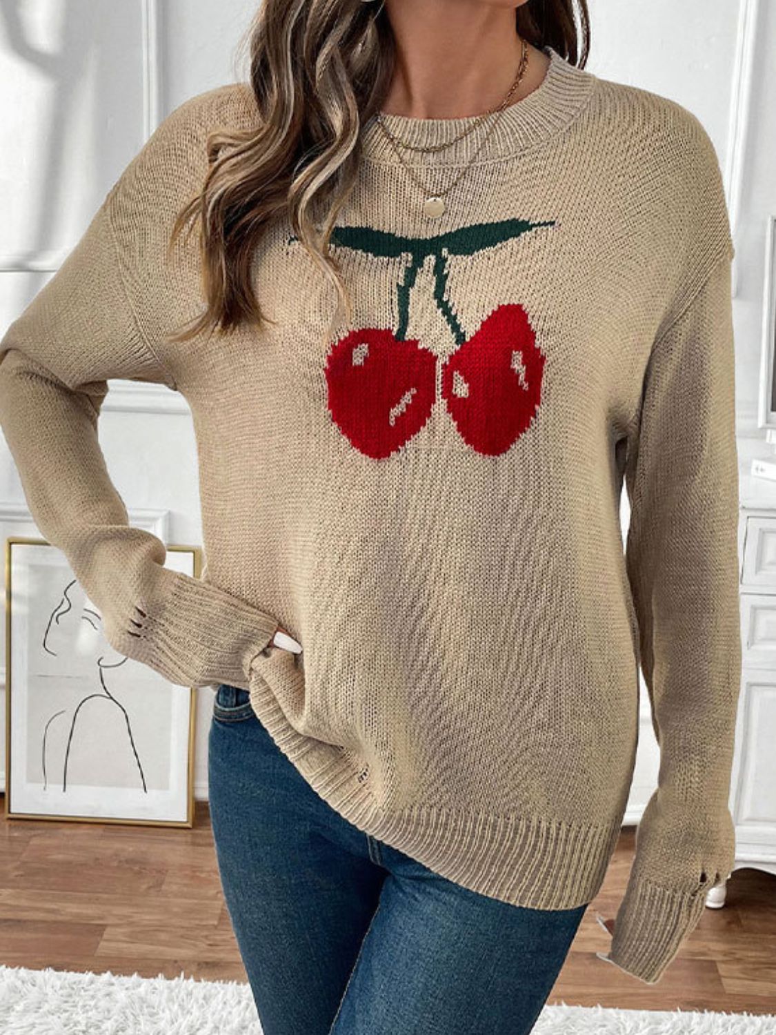 Perfee Cherry Round Neck Long Sleeve Sweater-Angel Casuals