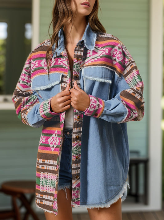 Geometric Collared Neck Long Sleeve Shacket-Angel Casuals