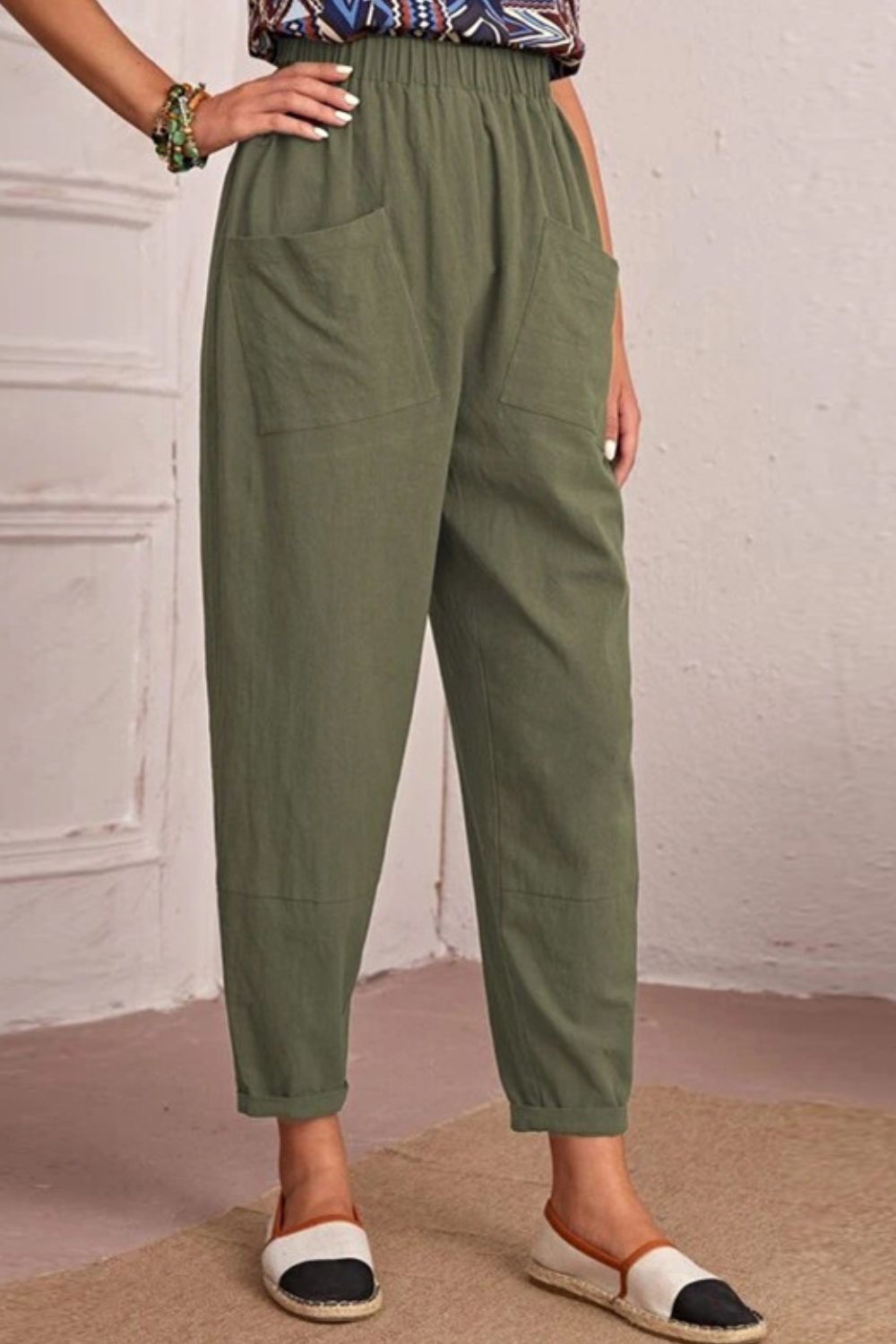 Elastic Waist Pocket Tapered Pants-Angel Casuals