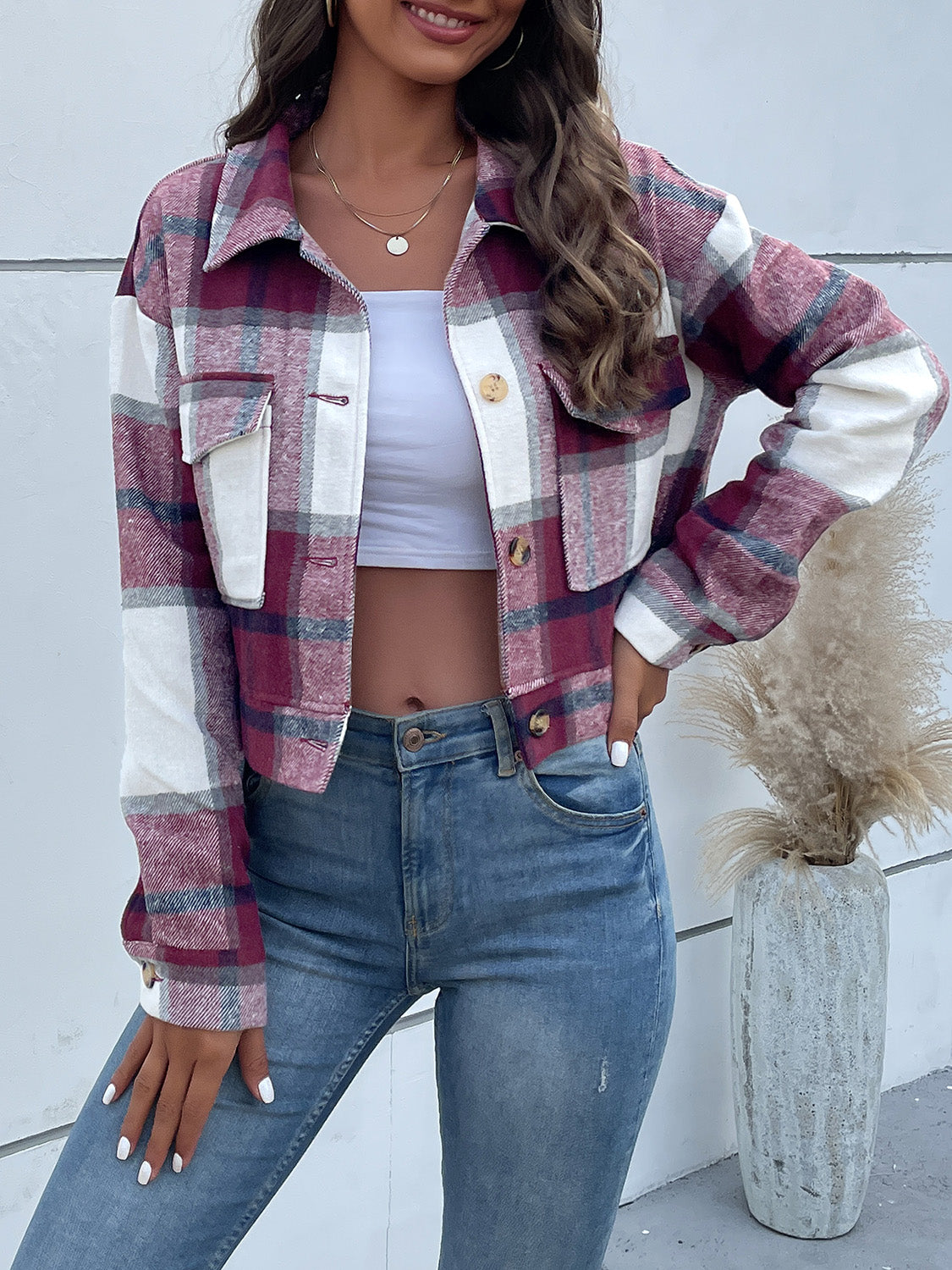 Perfee Plaid Button Up Drop Shoulder Cropped Jacket-Angel Casuals