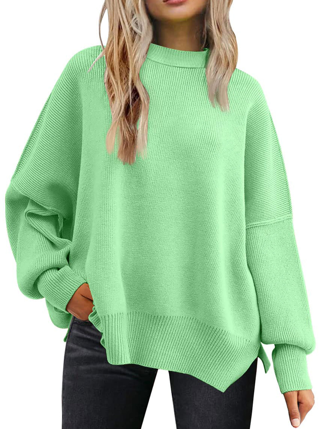 Slit Round Neck Dropped Shoulder Sweater-Angel Casuals