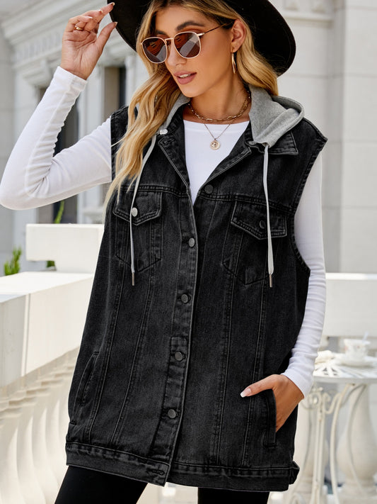 Drawstring Pocketed Button Up Sleeveless Denim Jacket-Angel Casuals