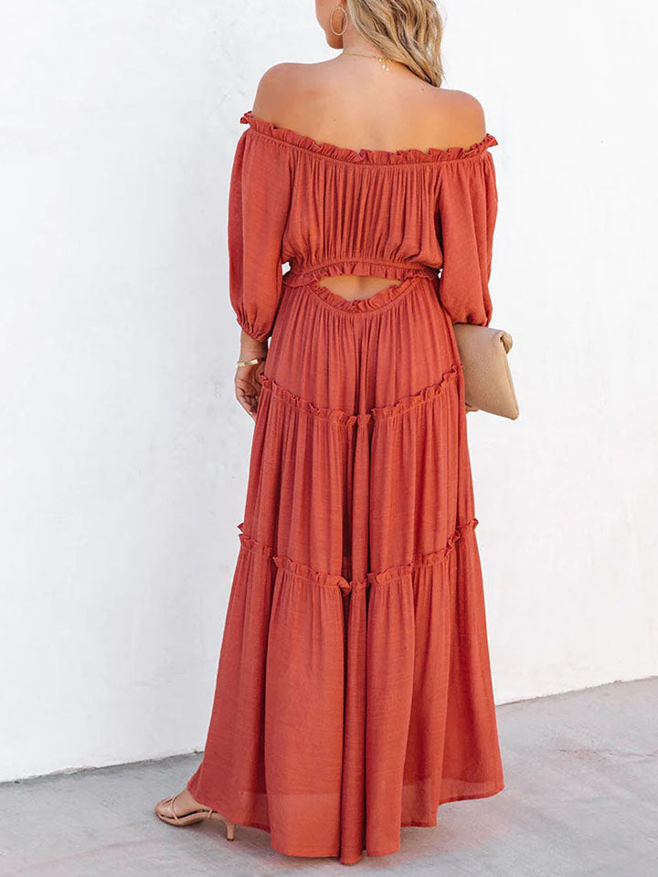 Ruffle Trim Off Shoulder Long Sleeve Maxi Dress-Angel Casuals