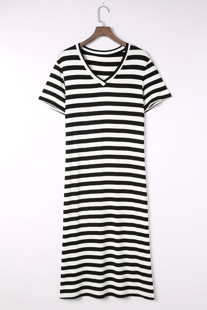 Striped V-Neck Short Sleeve Side Slit Dress-Angel Casuals