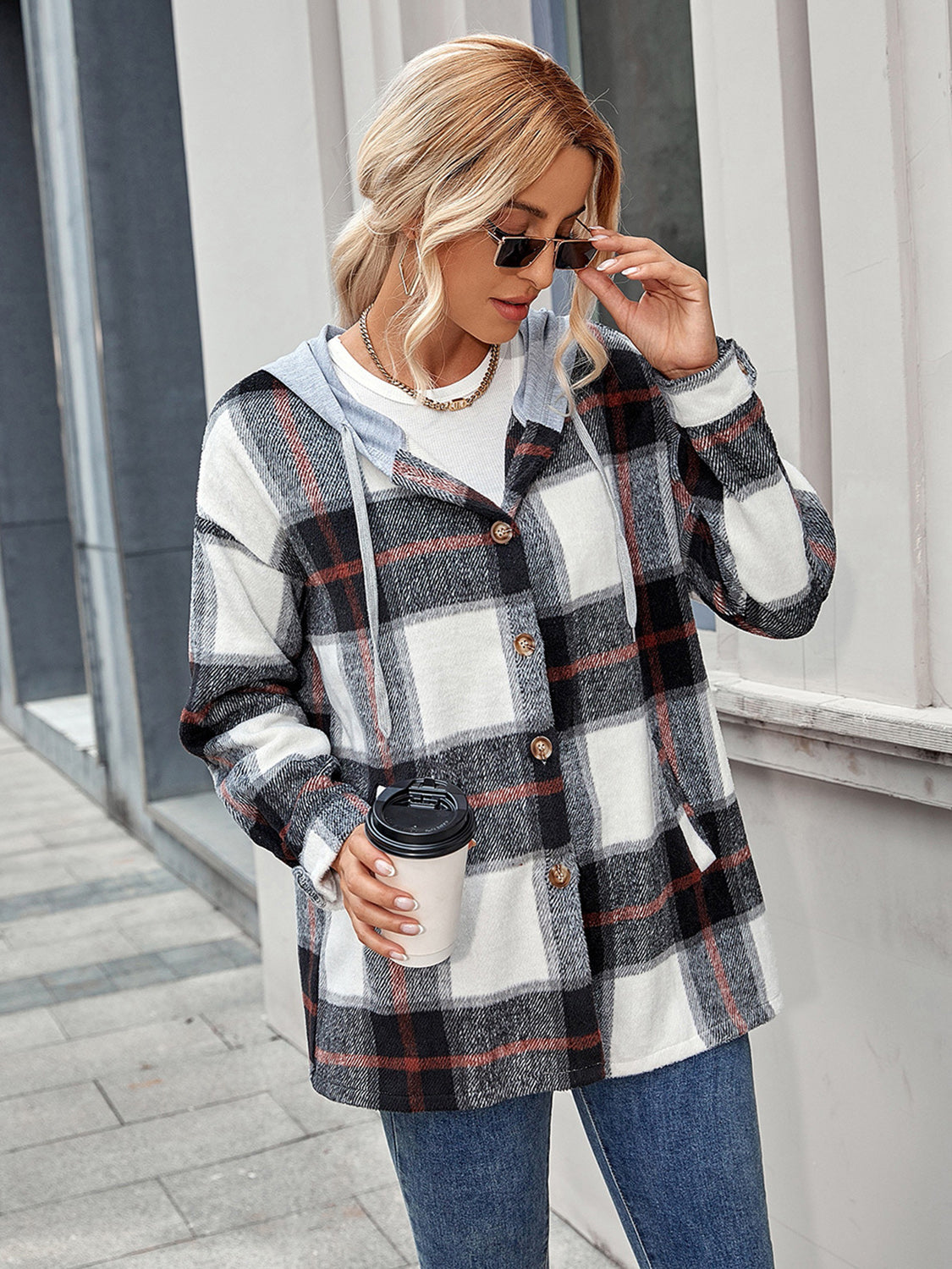 Plaid Hooded Jacket with Pockets-Angel Casuals