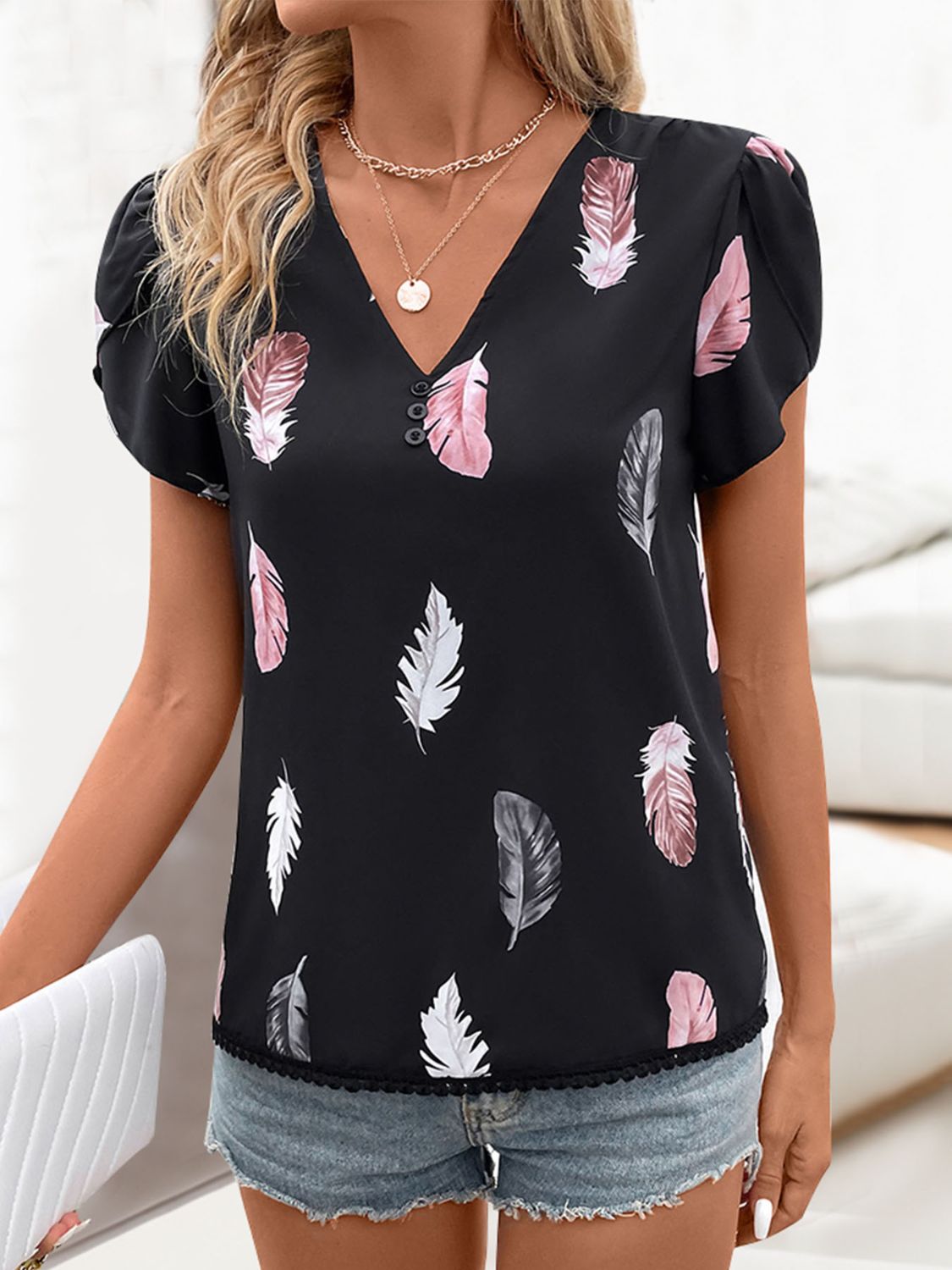 Printed V-Neck Short Sleeve Blouse-Angel Casuals