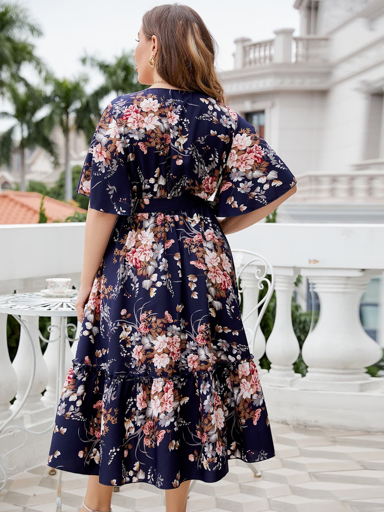 Plus Size Floral Surplice Neck Midi Dress-Angel Casuals