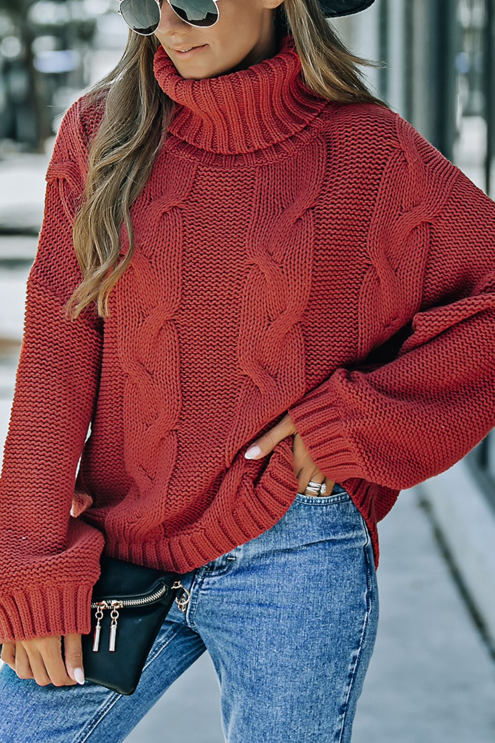 Cable-Knit Turtleneck Dropped Shoulder Sweater-Angel Casuals