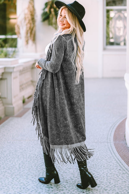 Fringe Detail Long Sleeve Cardigan-Angel Casuals