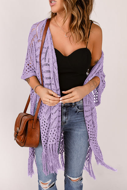 Openwork Open Front Cardigan with Fringes-Angel Casuals