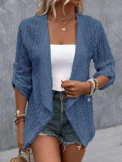 Eyelet Roll-Tab Sleeve Cardigan-Angel Casuals