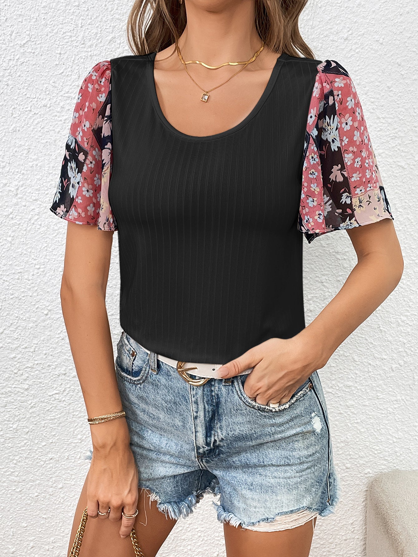 Printed Puff Sleeve Round Neck Tee-Angel Casuals