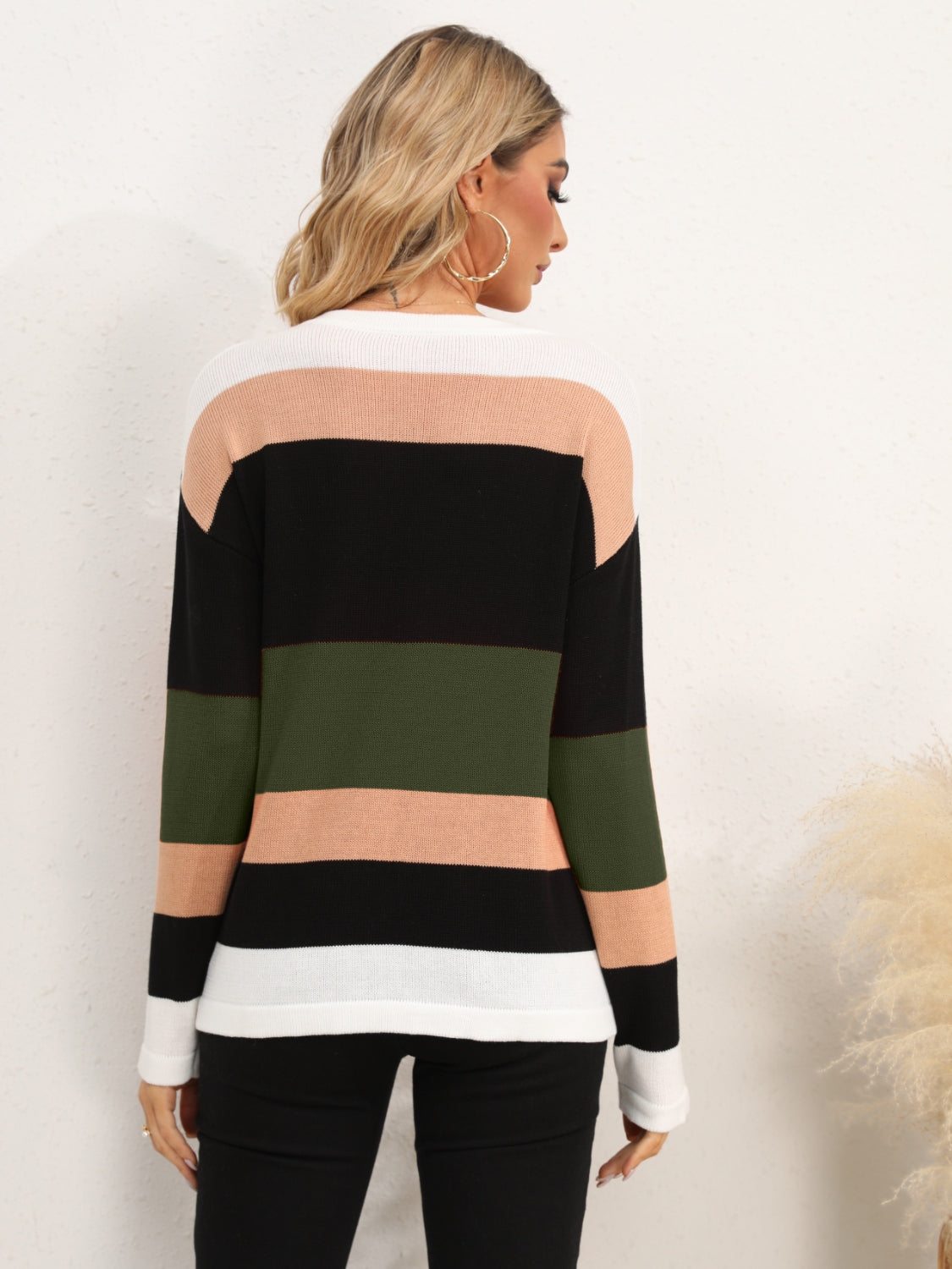 Striped Round Neck Dropped Shoulder Sweater-Angel Casuals