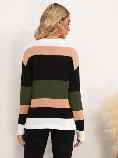 Striped Round Neck Dropped Shoulder Sweater-Angel Casuals