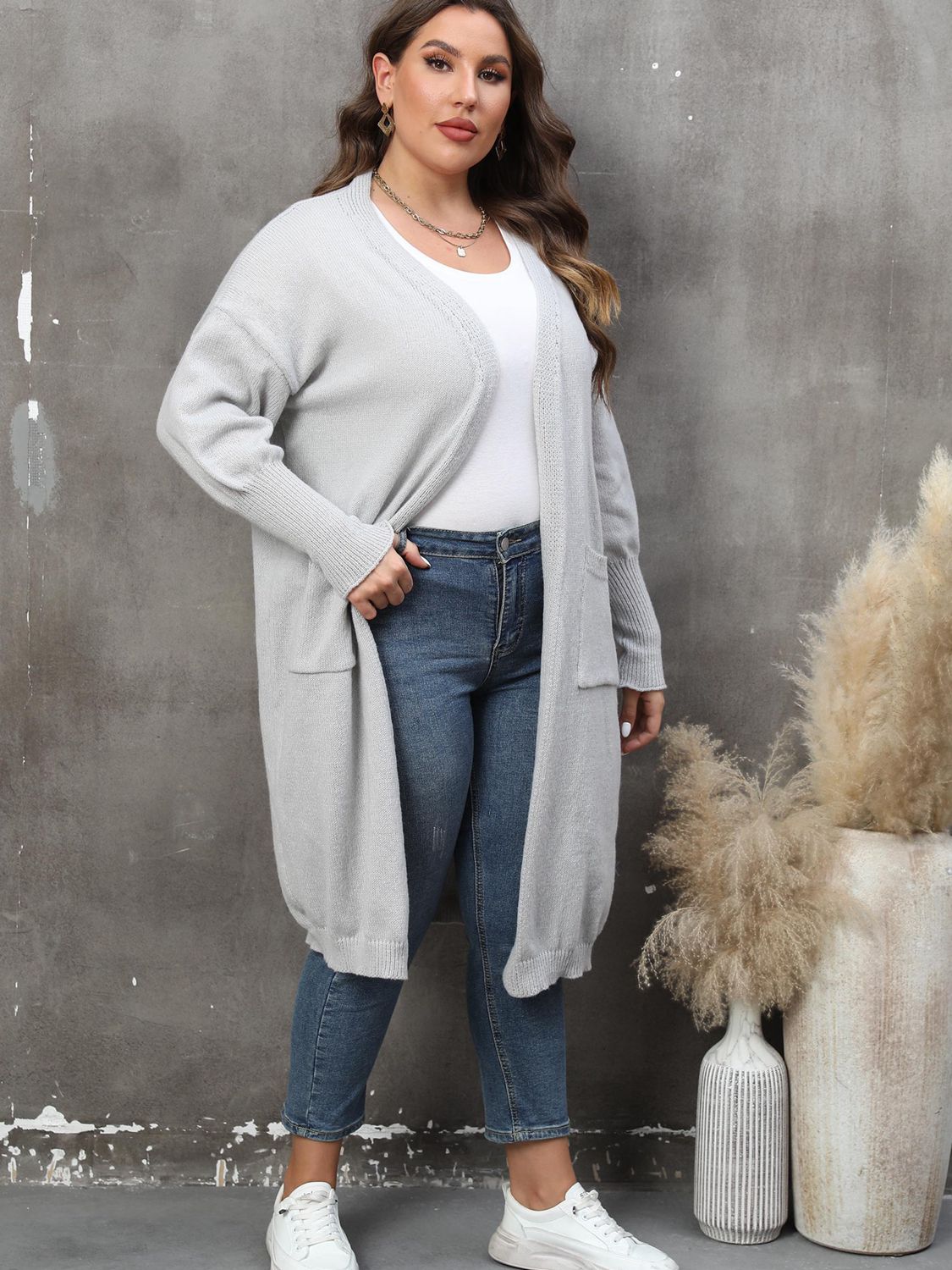 Plus Size Long Sleeve Pocketed Cardigan-Angel Casuals