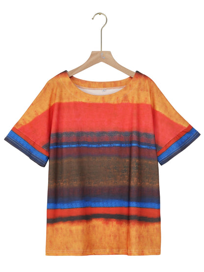 Full Size Color Block Round Neck Half Sleeve T-Shirt-Angel Casuals