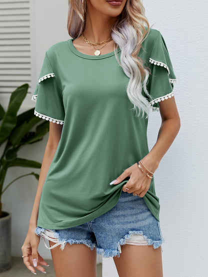 Pom-Pom Trim Flutter Sleeve Round Neck Tee-Angel Casuals