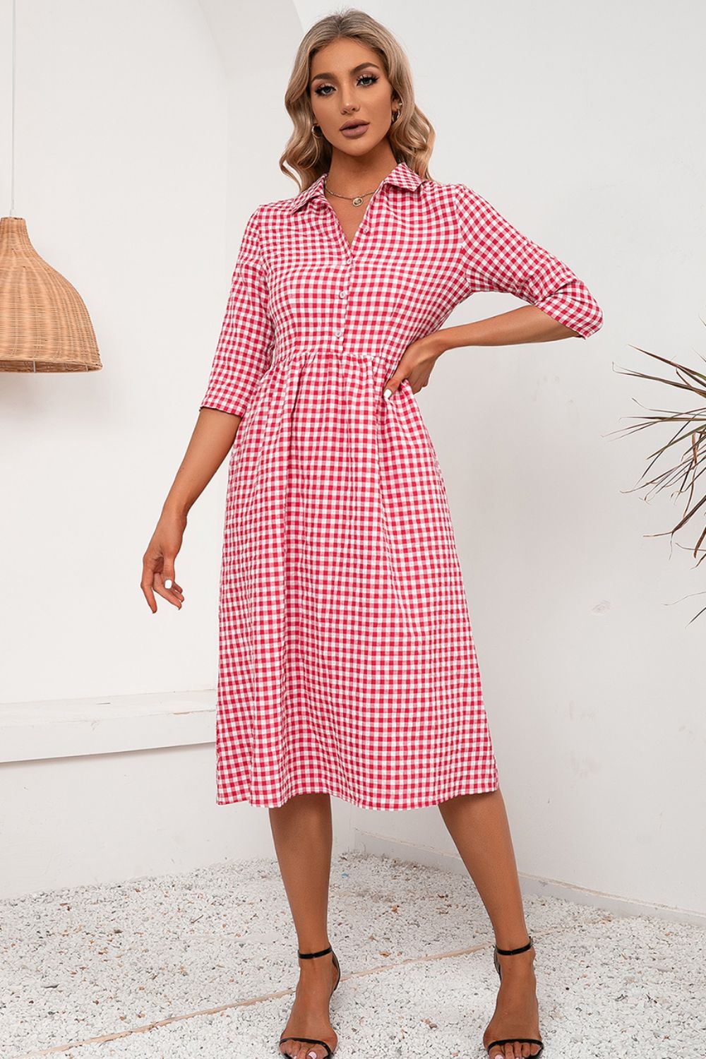 Plaid Collared Neck Midi Dress-Angel Casuals