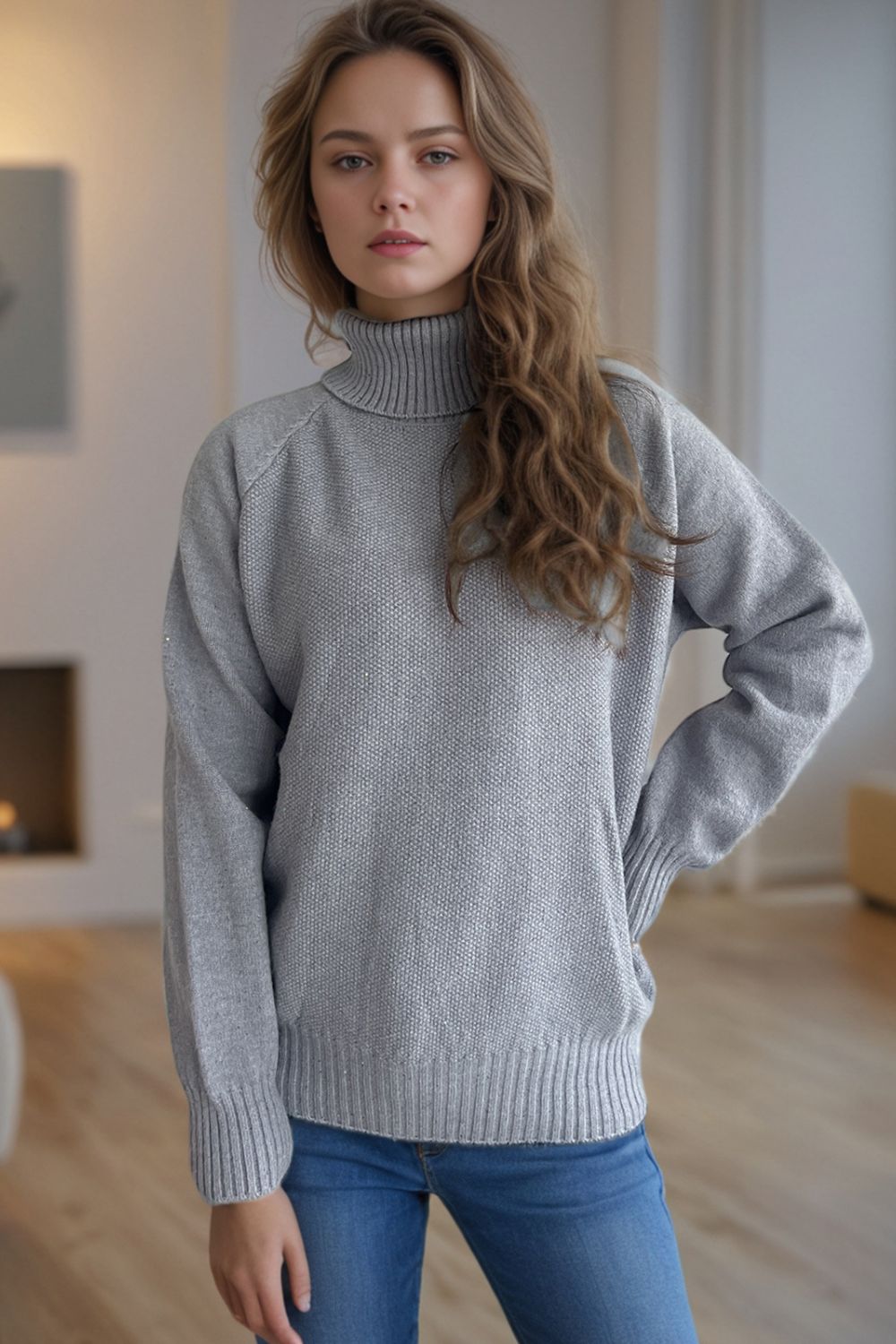 Ribbed Turtleneck Raglan Sleeve Sweater-Angel Casuals