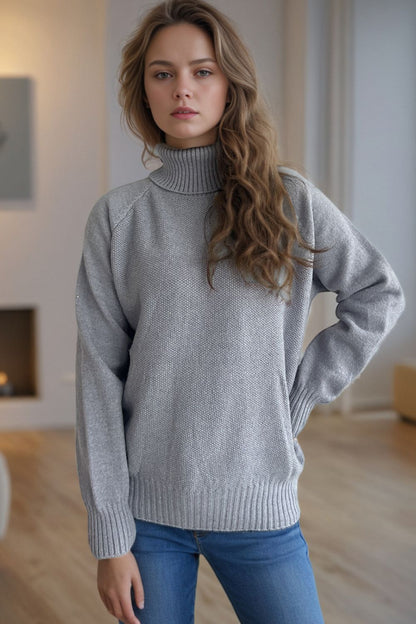 Ribbed Turtleneck Raglan Sleeve Sweater-Angel Casuals