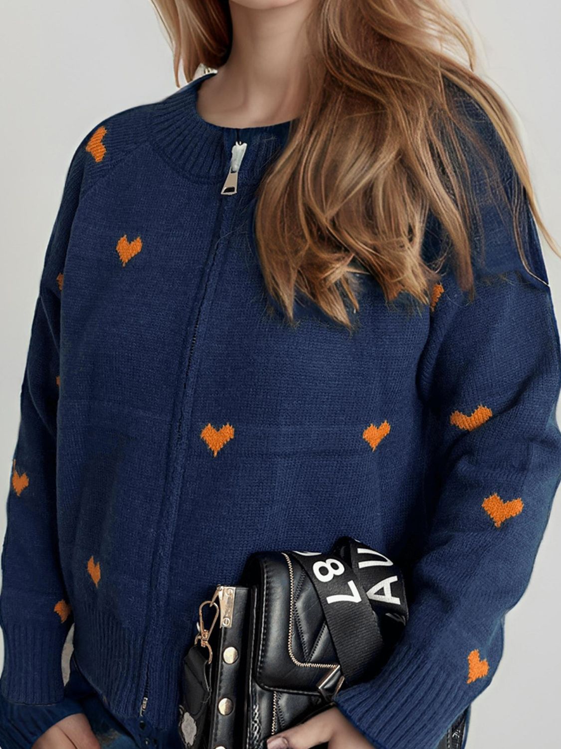 Heart Round Neck Zip Up Cardigan-Angel Casuals