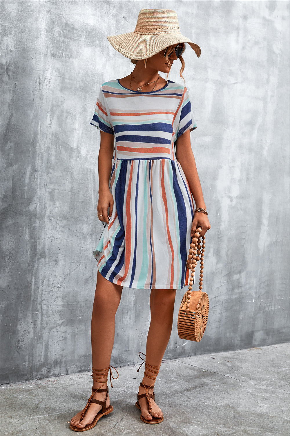 Striped Round Neck Dress-Angel Casuals