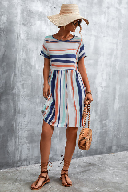 Striped Round Neck Dress-Angel Casuals