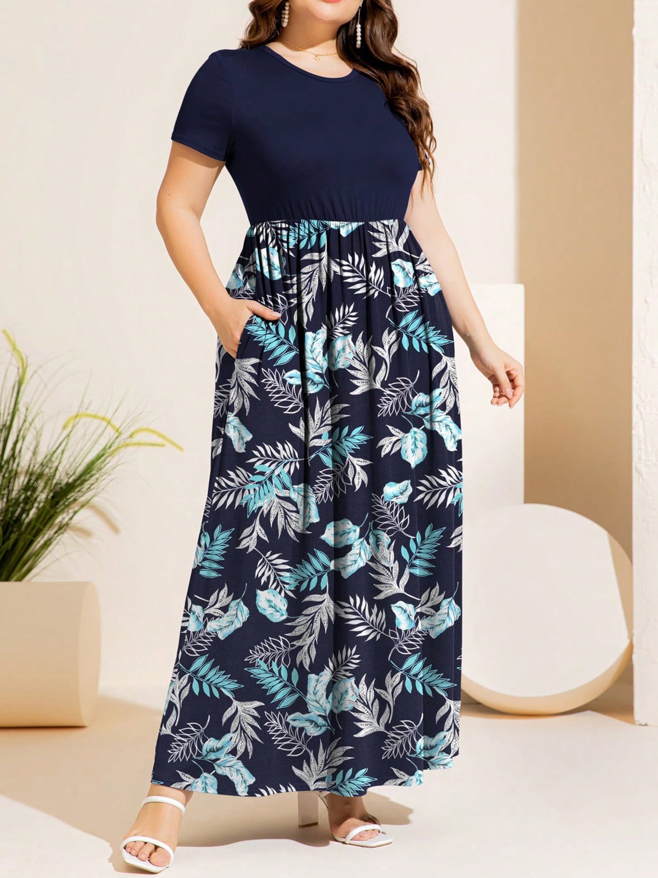 Plus Size Printed Round Neck Short Sleeve Maxi Dress-Angel Casuals