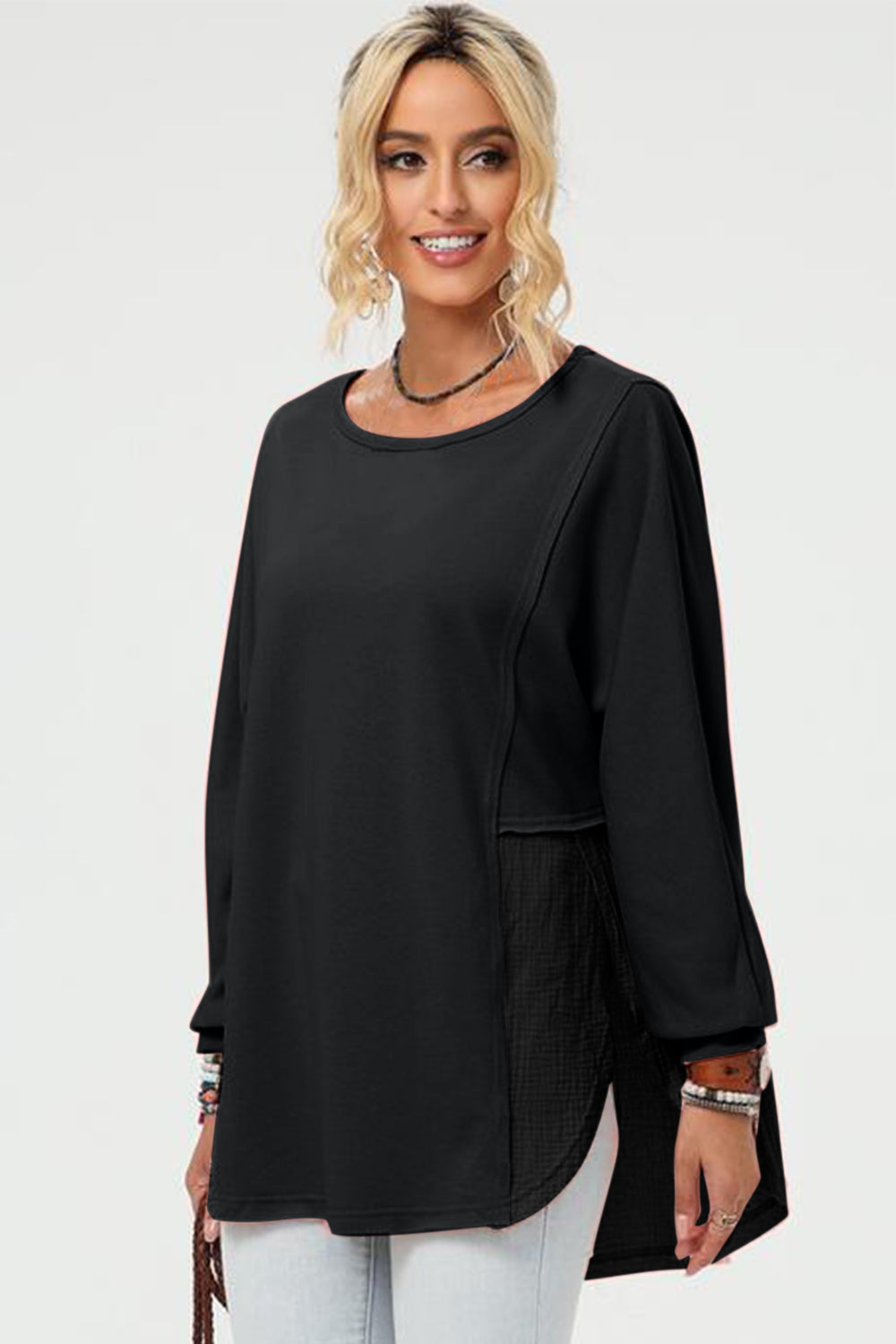 Double Take Full Size Long Sleeve High-Low T-Shirt-Angel Casuals