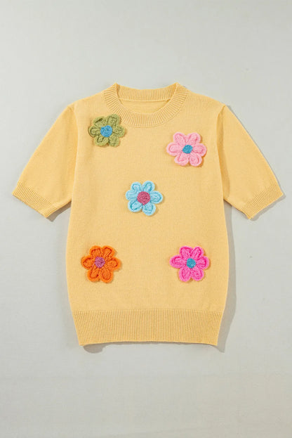 Flower Round Neck Short Sleeve Sweater-Angel Casuals