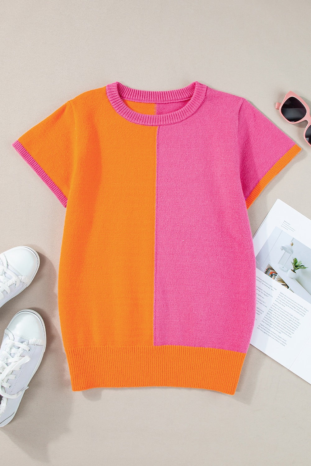Contrast Round Neck Cap Sleeve Sweater-Angel Casuals