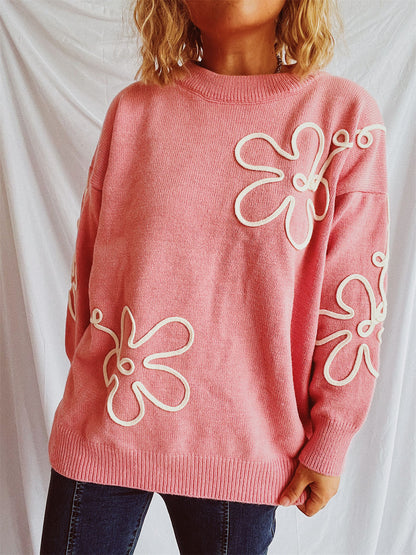 Flower Round Neck Long Sleeve Sweater-Angel Casuals