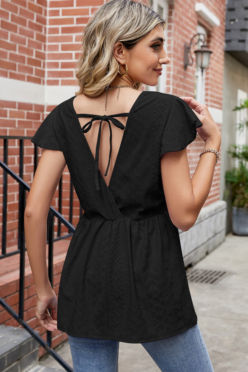 Tied Ruffled Round Neck Peplum T-Shirt-Angel Casuals