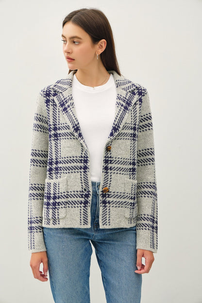 Be Cool Plaid Long Sleeve Sweater Jacket with Front Patch Pockets-Angel Casuals