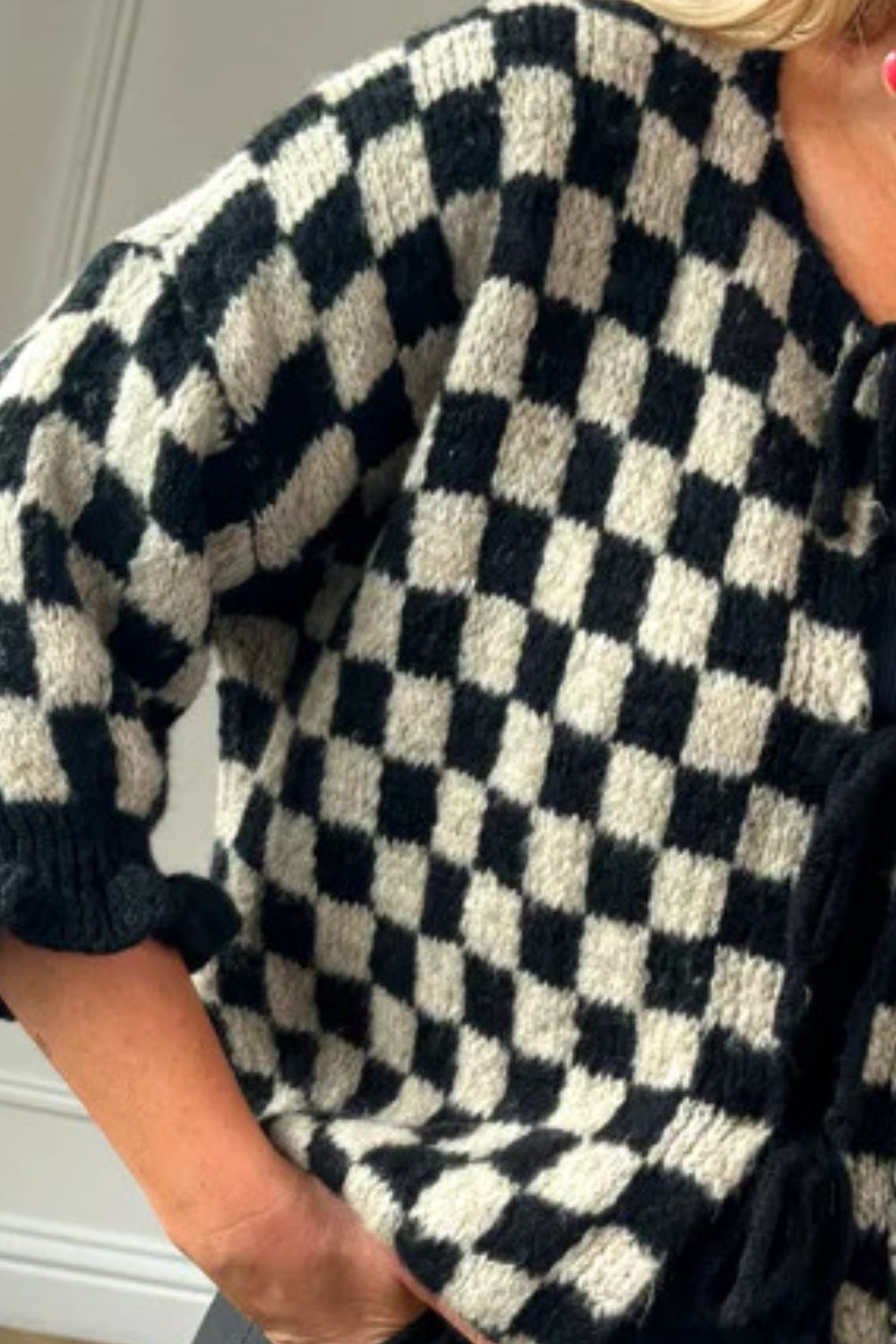 Double Take Tied Checkered Dropped Shoulder Flounce Sleeve Cardigan-Angel Casuals