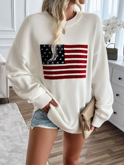 Devine US Flag Round Neck Long Sleeve Knit Top-Angel Casuals