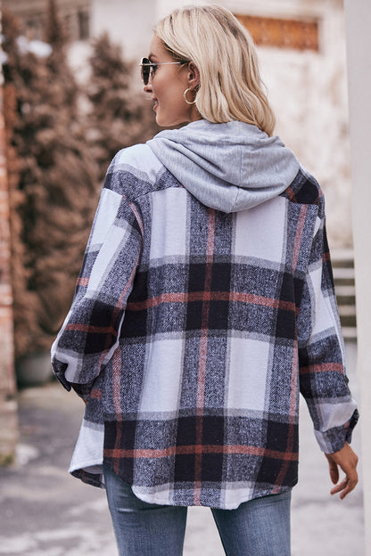 Mandy Plaid Dropped Shoulder Hooded Jacket-Angel Casuals