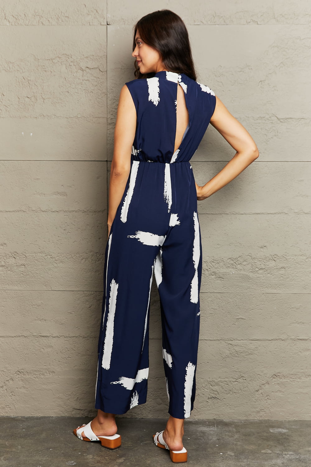 Printed Round Neck Cutout Jumpsuit with Pockets-Angel Casuals