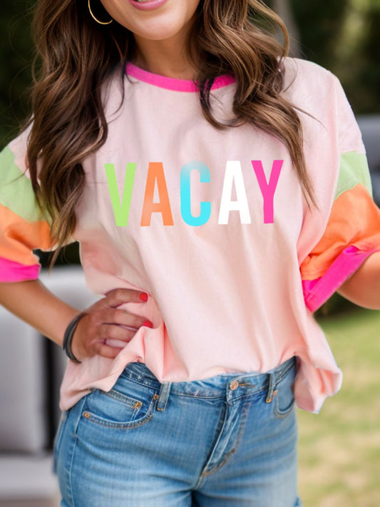 Letter Graphic Color Block Round Neck Half Sleeve T-Shirt-Angel Casuals