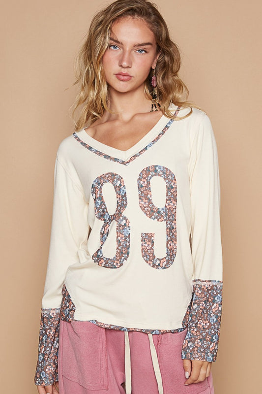 POL V-Neck Long Sleeve Floral Number Patch T-Shirt-Angel Casuals