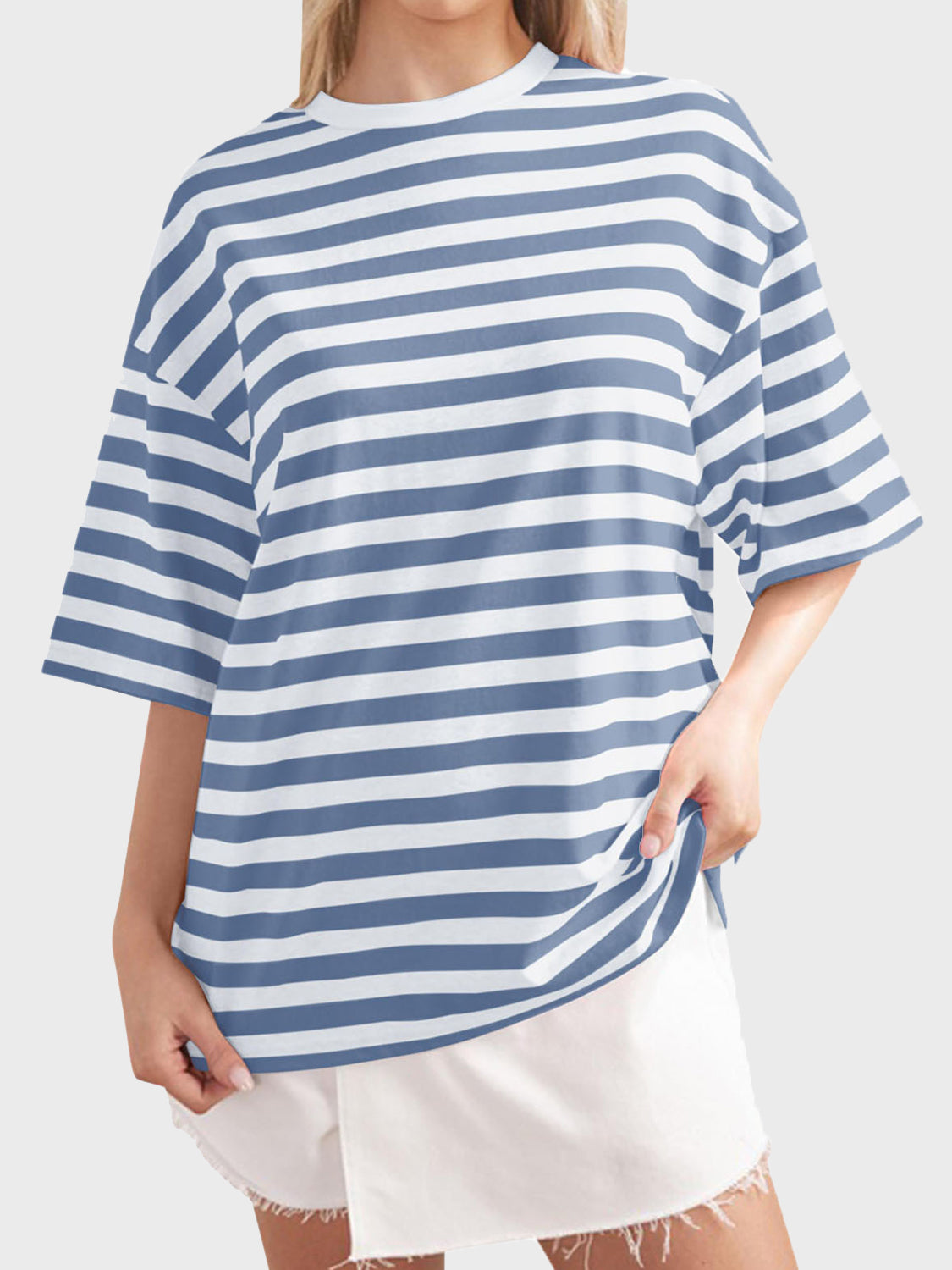 Striped Round Neck Half Sleeve T-Shirt-Angel Casuals