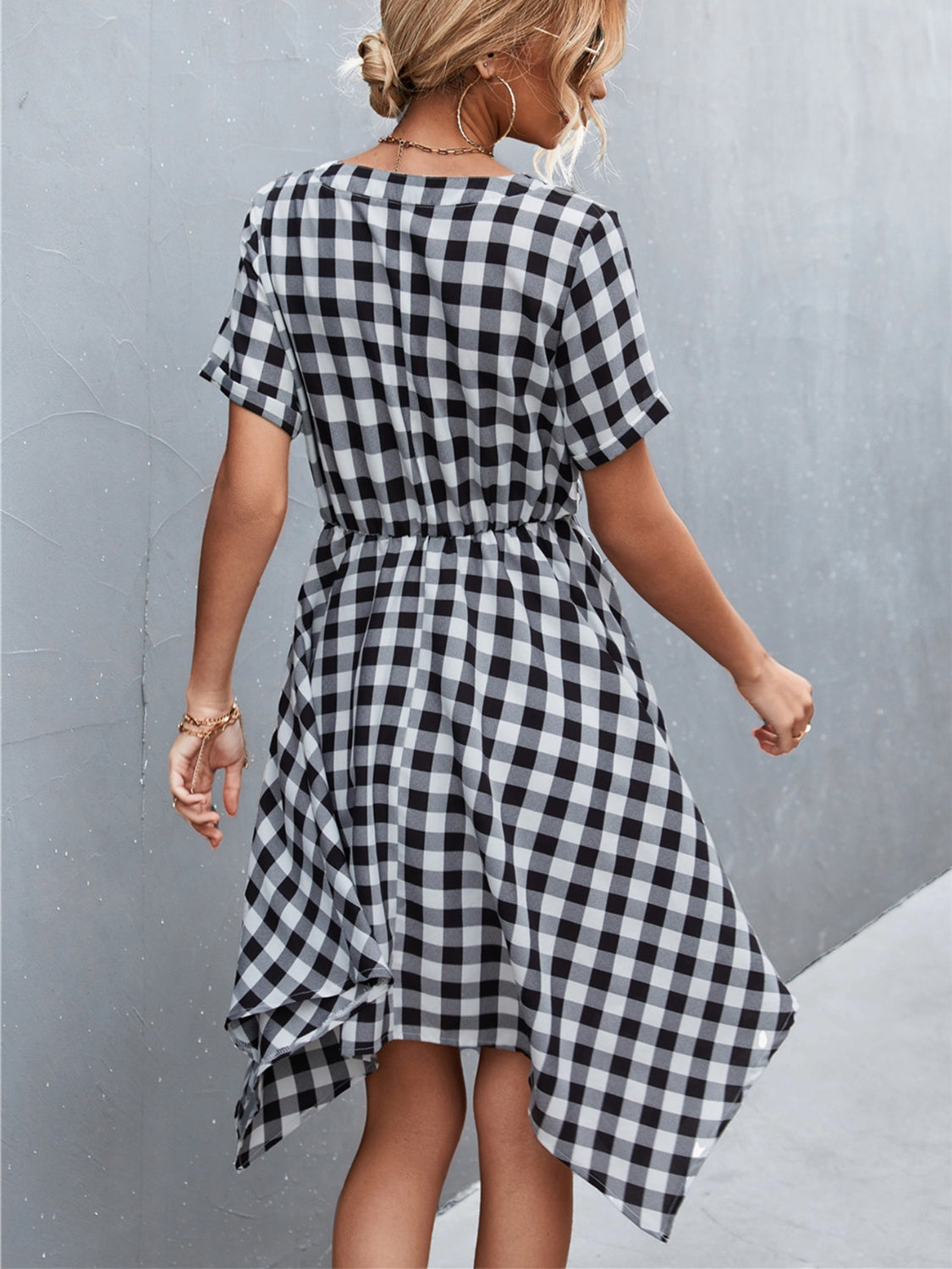 Plaid Notched Short Sleeve Dress-Angel Casuals