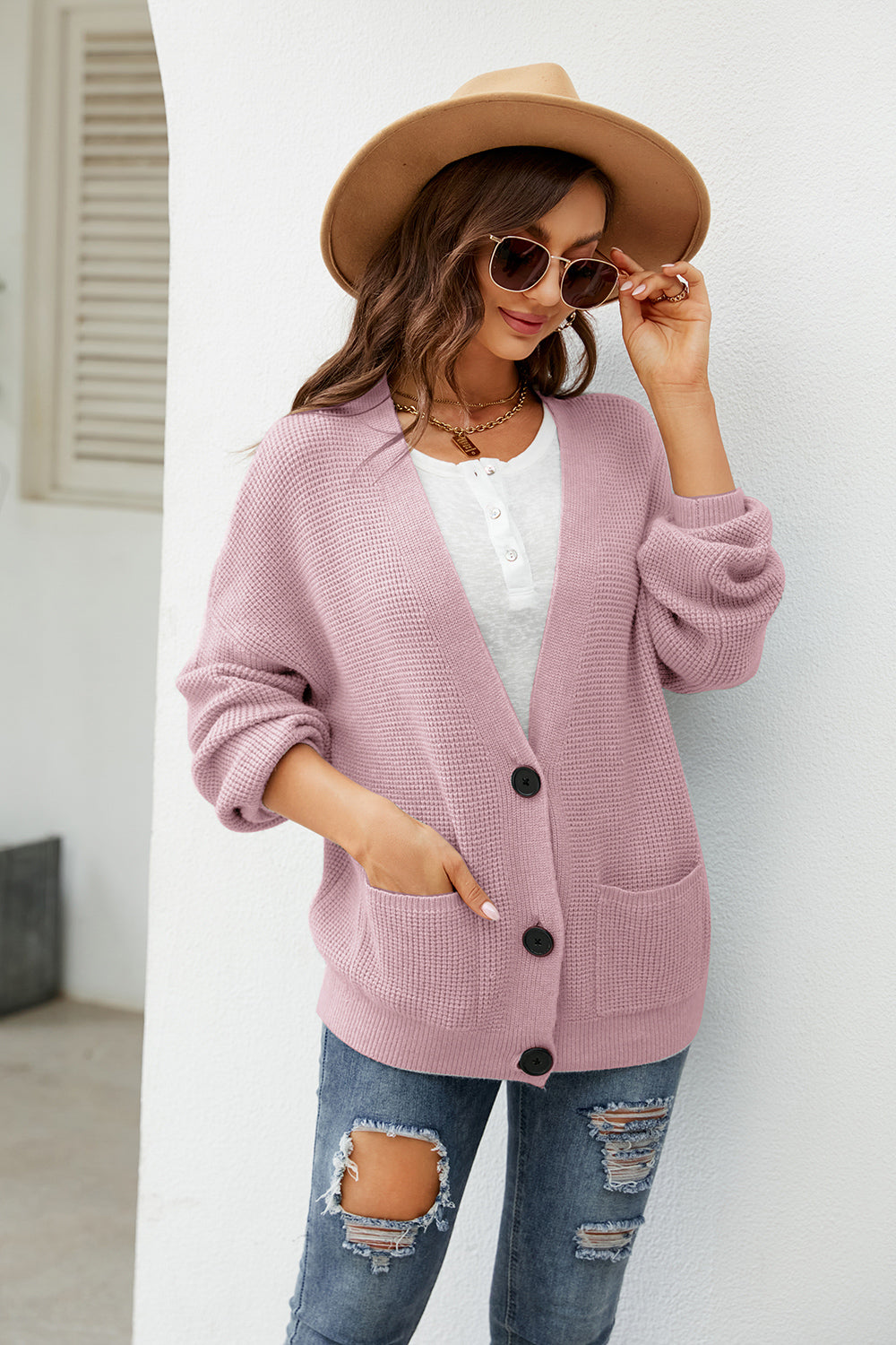 Button Up Drop Shoulder Long Sleeve Cardigan-Angel Casuals
