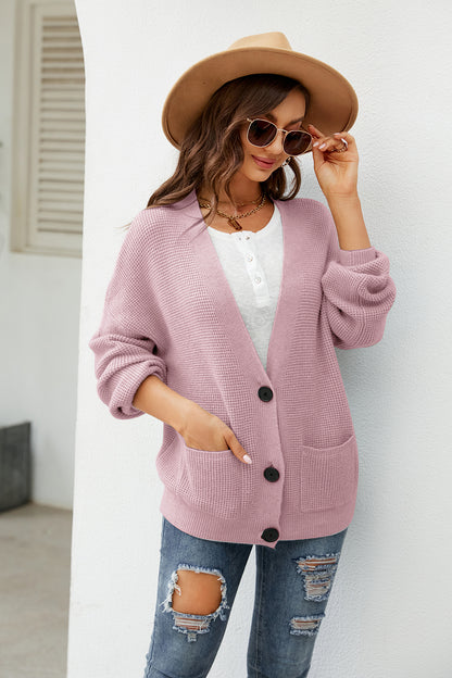 Button Up Drop Shoulder Long Sleeve Cardigan-Angel Casuals