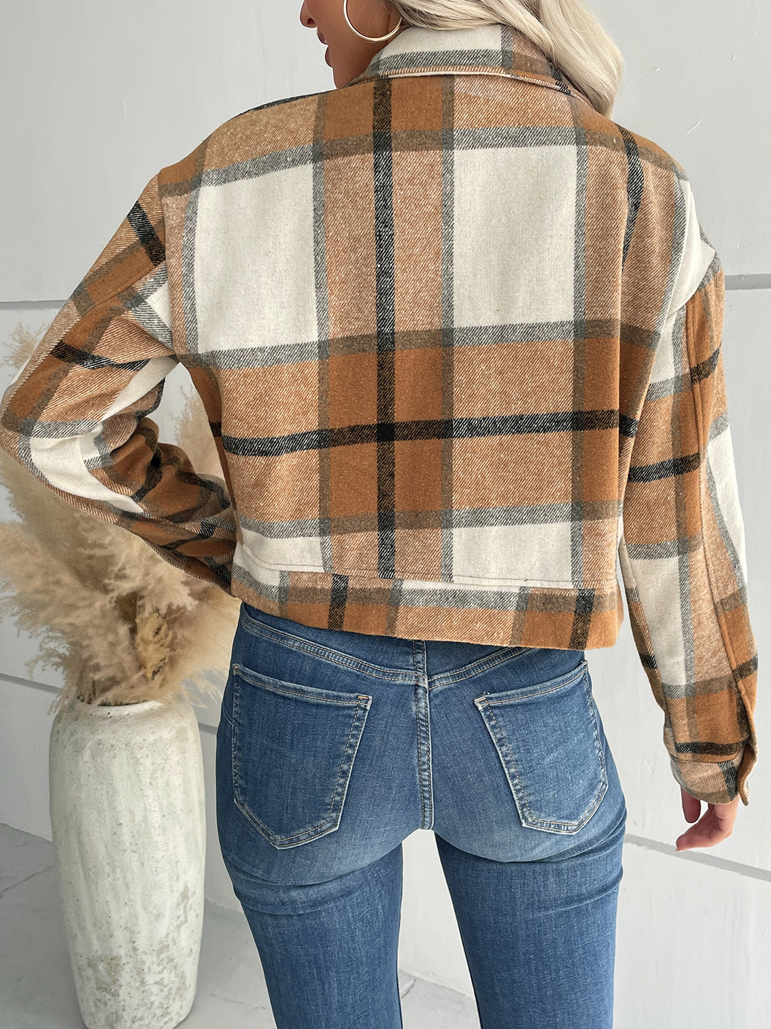 Perfee Plaid Button Up Drop Shoulder Cropped Jacket-Angel Casuals